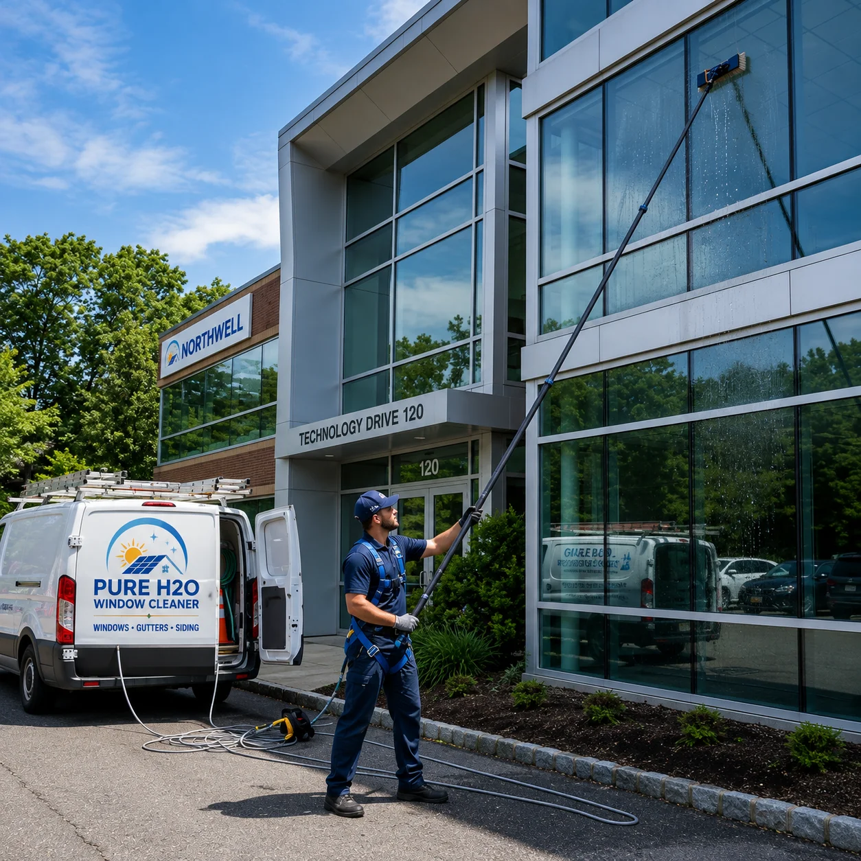 Pure H2O professional technician cleaning commercial exterior windows with purified water pole system